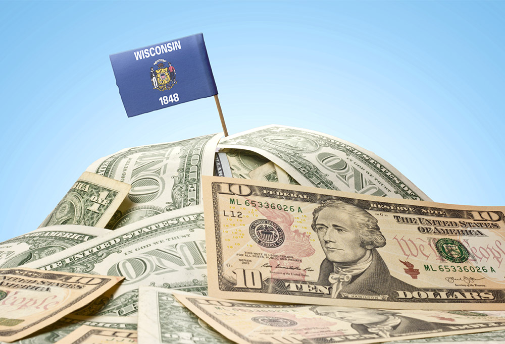 Wisconsin flag on pile of money