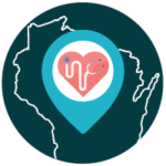 a stethoscope inside a heart inside a location icon on an outline of Wisconsin