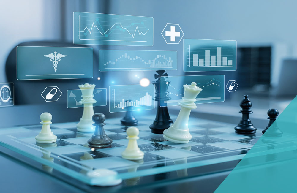 Chess pieces on a chessboard with healthcare data dashboards and medical icons representing Health plan strategy decision-making in healthcare
